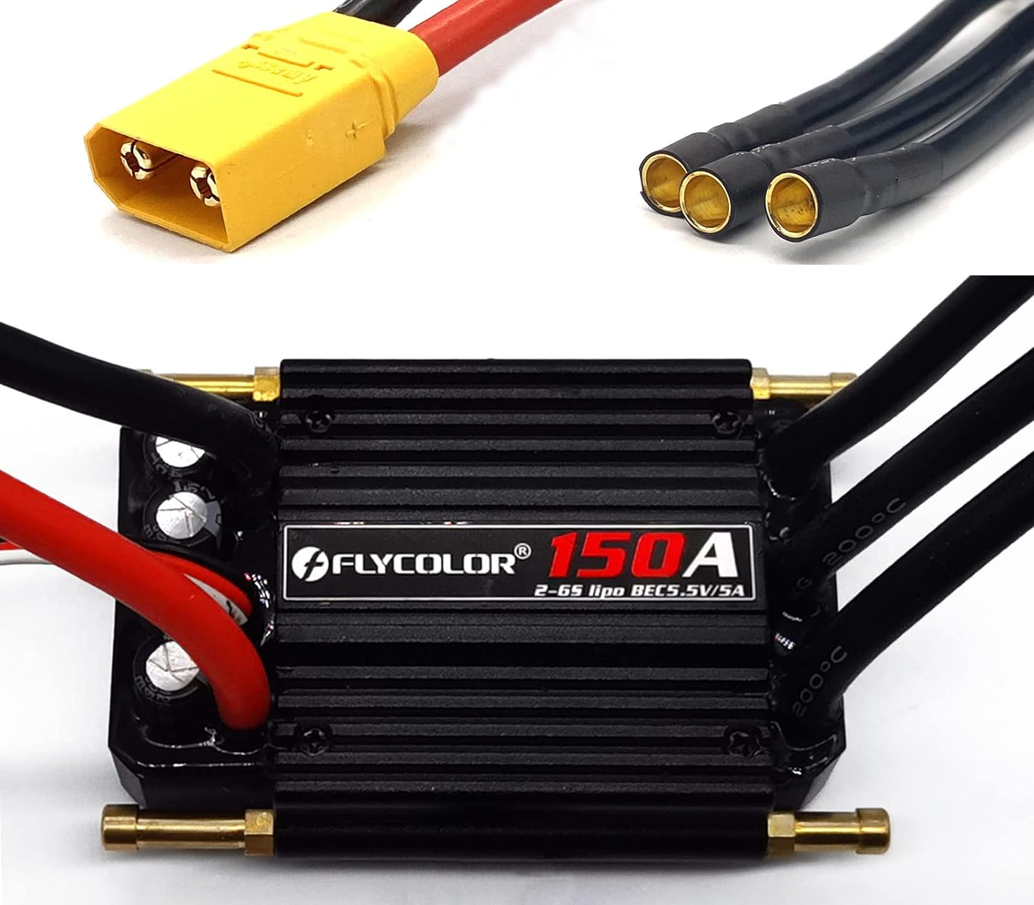 FLYCOLOR 150A ESC for RC Boats – Waterproof Brushless Speed Controller, 2-6S, with 5.5V/5A BEC and XT90 6.0mm Banana Head Connector, Ideal for Model Ships